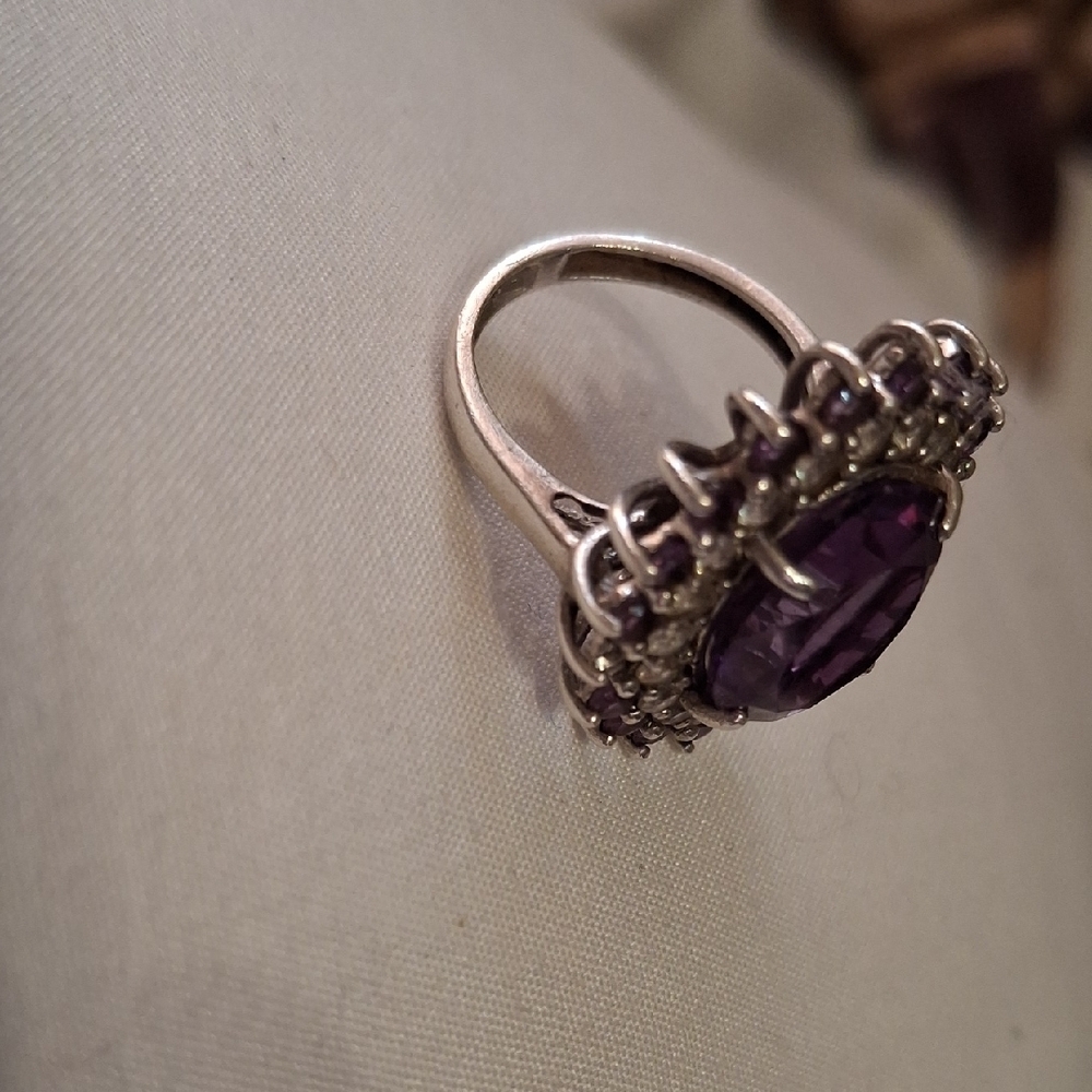 Amethyst and White Topaz Halo Ring Set In Solid Sterling Silver .925 Mk Sz 6.5 - Picture 4 of 10
